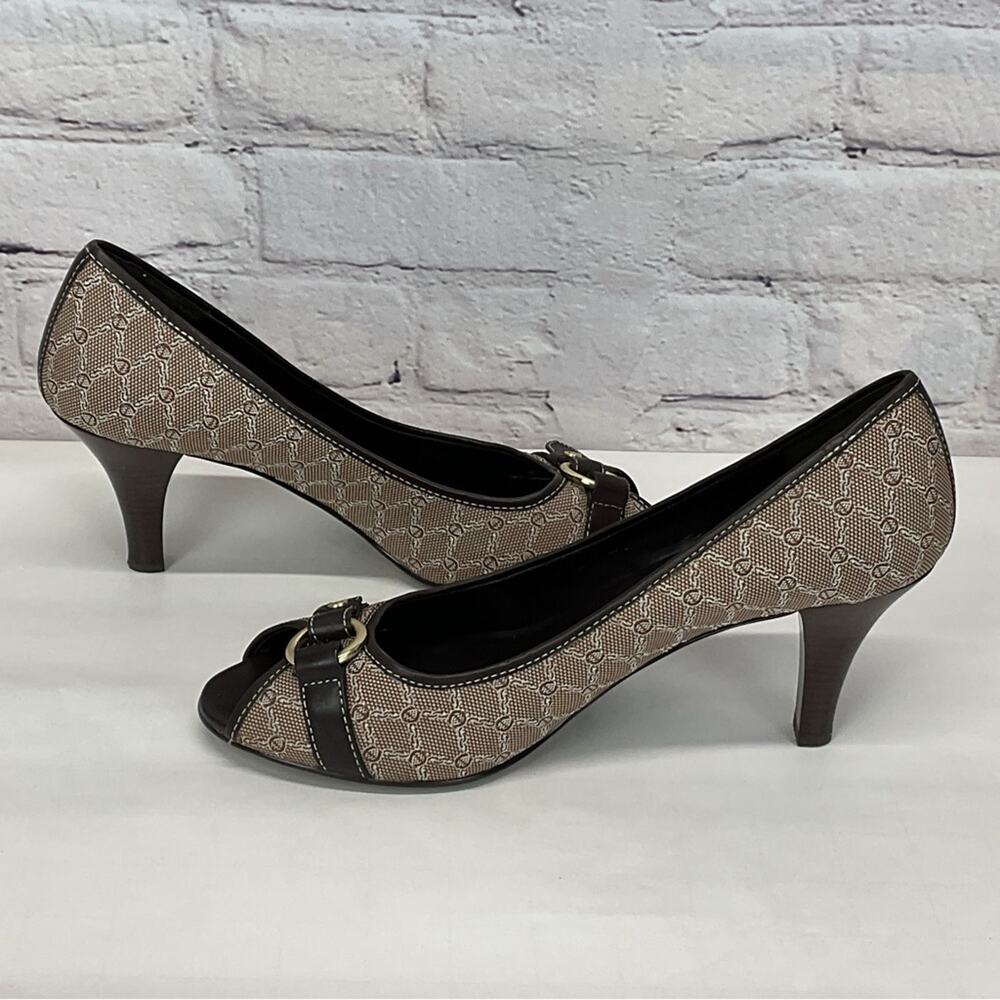 Etienne Aigner Copa Pumps Woman’s 10 Logo Fabric Lether Upper Peep Toe Career - Picture 6 of 11
